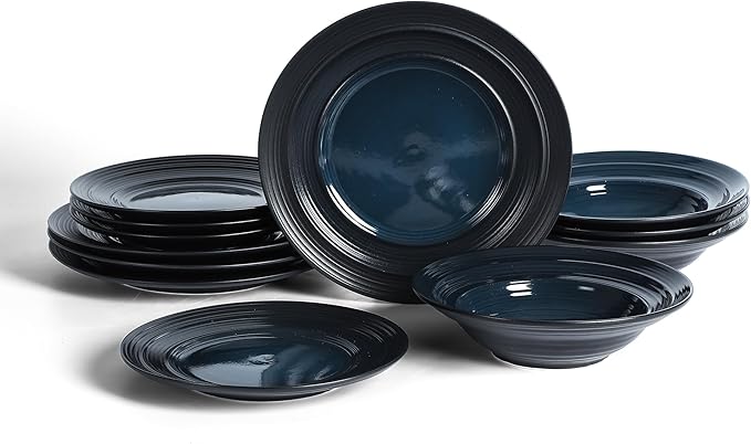 Earth &amp Clay Celeste 24-Piece Dinnerware Set Stoneware Plates and Bowls Set Includes Dinner and Salad Plates Cereal Bowls Dishwasher and Microwave Safe Dishes for 8 Blue