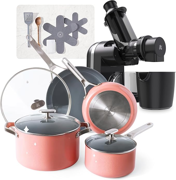 Greater Goods Savvy Ceramic Nonstick Cookware Set and Cold Press Juicer Bundle (Pink/Onyx Black)