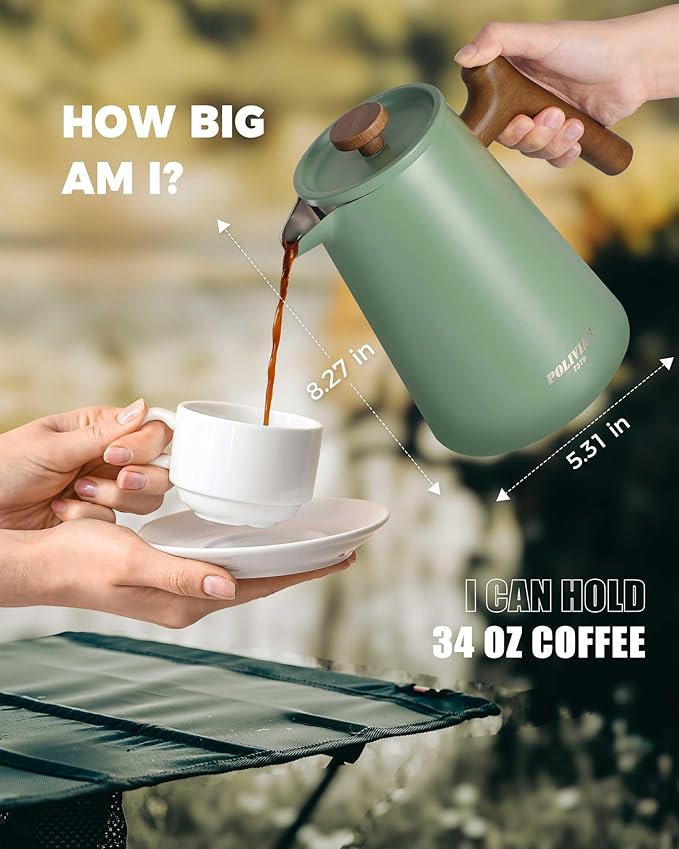 POLIVIAR French Press Coffee Maker 34 oz Coffee Press with Real Wood Handle Double Wall Insulation &amp Dual-Filter Screen Food Grade Stainless Steel for Good Coffe and Tea JX2025-XFPN
