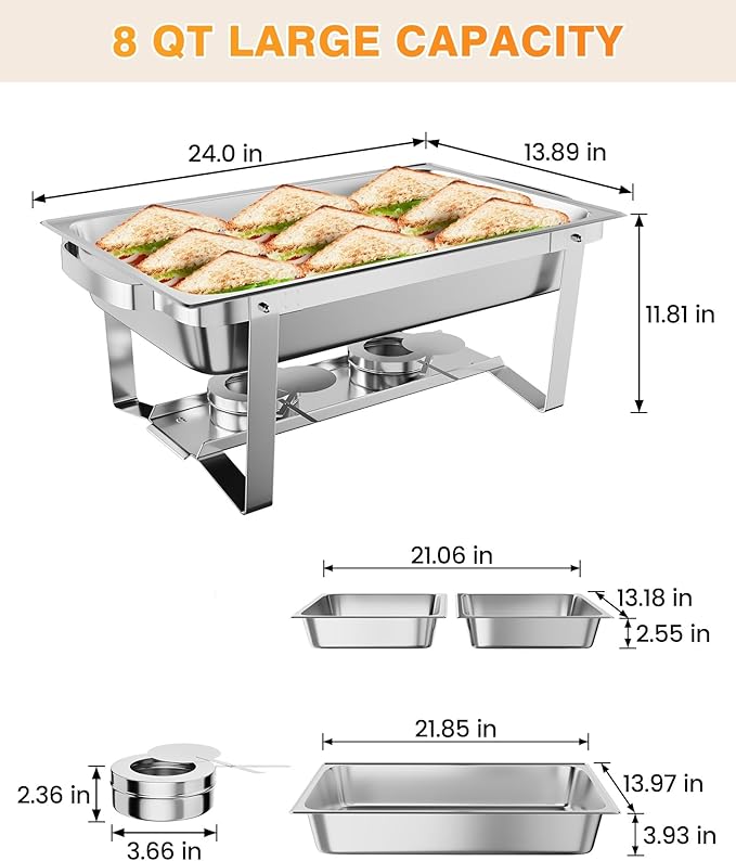 Portable Chafing Dish Buffet Set – 8QT Rectangular Stainless Steel Food Warmers with Lid &amp Holder – for Kitchen Catering Parties Banquets – 2-Pack Two-piece Set