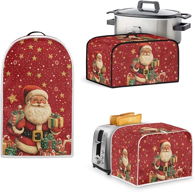 Merry Christmas 3-Piece Set: Blender Slow Cooker &amp Toaster Covers Santa Claus Universal Size Dust Covers for Small Appliances Women's Gift (Red)