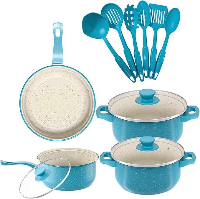 Non stick cookware set frying pan casserole dish wok Utensil Set Pots Pans Home Kitchen Gift Item 13- Piece (Blue)