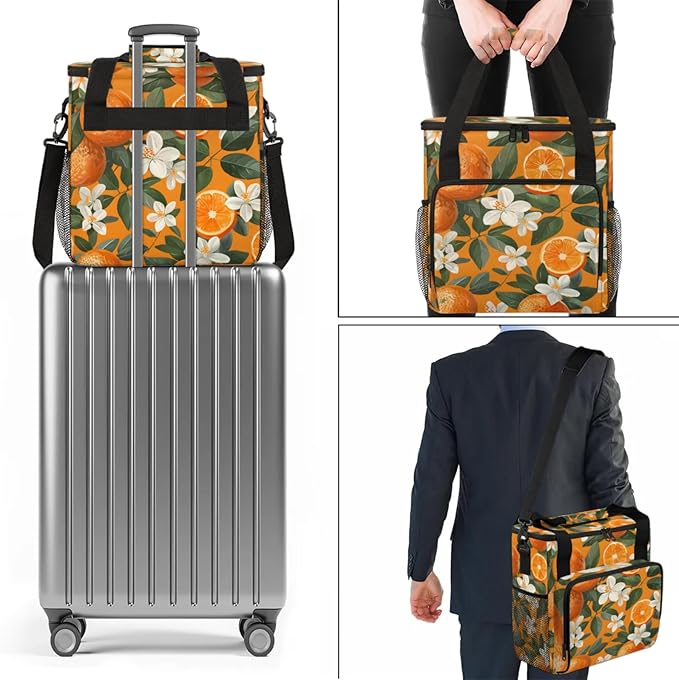 Flower Orange Print Coffee Maker Travel Bag for Keurig K-Mini/K-Mini Plus Insulated Waterproof Tote with Pockets for K-Cup Portable Single-Serve Brewer Case