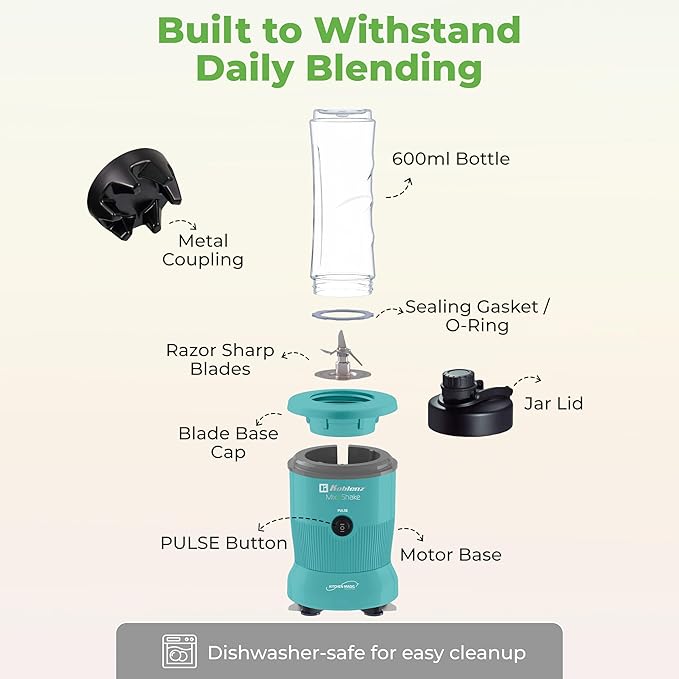 Koblenz Mix&ampShake Blender 20 oz Portable Blender 600W Motor Pulse ON/OFF Functions Stainless Steel Blades Shakes Sauces Smoothie Maker (1) 20 oz To-Go Bottle Green MSKM-600 V