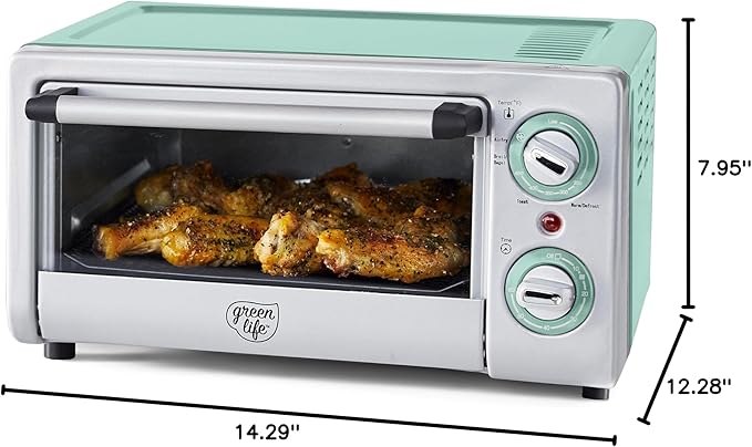 GreenLife Countertop Toaster Oven Air Fryer Stainless Steel Healthy Ceramic Nonstick PFAS Free Tray &amp Basket Bake Broil Reheat Adjustable Temp &amp Time Control Auto Shutoff Turquoise