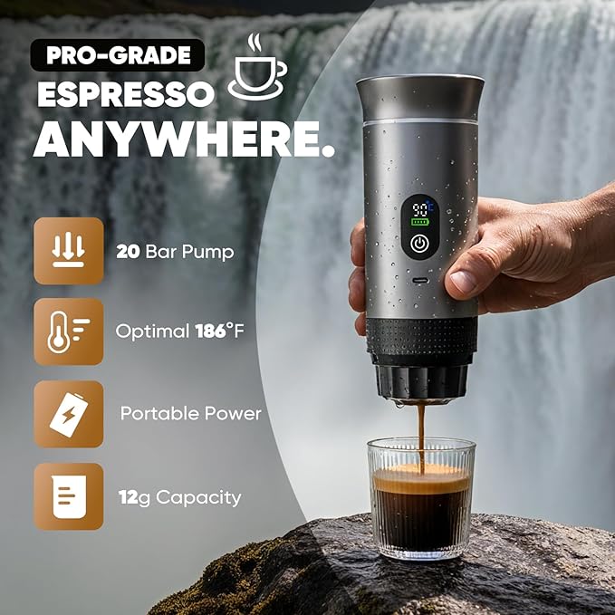 Portable 3-in-1 Espresso Coffee Maker Self-Heating &amp Rechargeable with Smart Display — Works with Ground Coffee Small &amp Large Capsules Travel &amp Camping Mini Machine 20-Bar Extraction