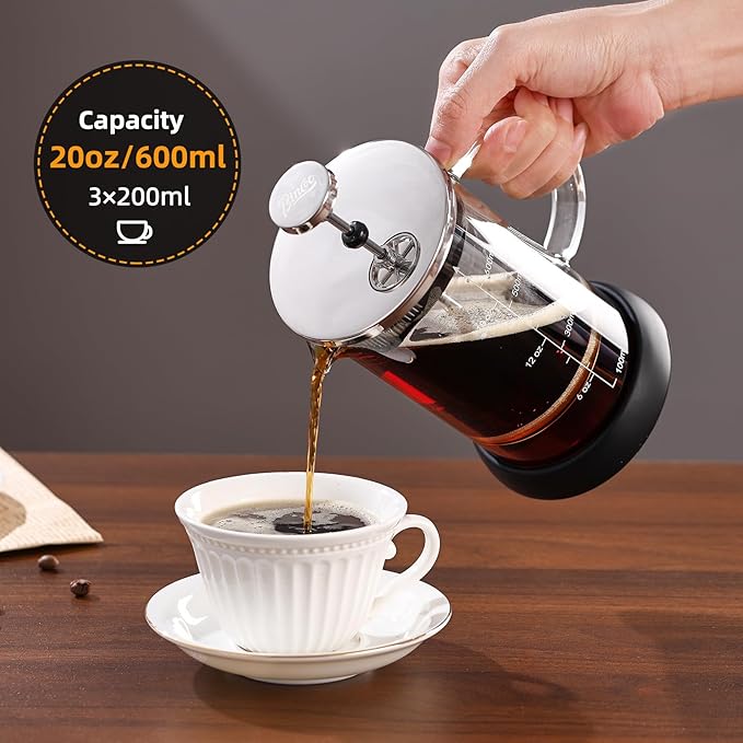 Bincoo French Press Coffee Maker 600ML - Single Layer Borolicate Glass Travel Coffee PressTea and Frothed Milk Press Easy to Use