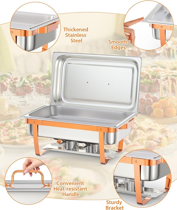 Commercial 8QT Chafing Dish Buffet Set - 6 Pack Rectangular Stainless Steel Food Warmers with Lids Rose Gold Folding Frame for Catering Party Banquet Commercial Use 6-Piece Set