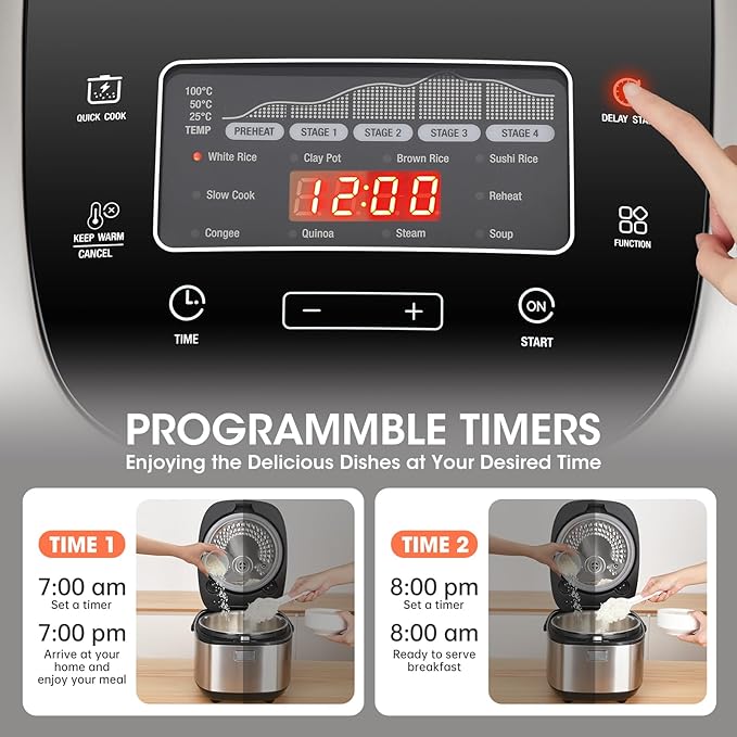Rice Cooker 10 Cup Uncooked / 20 Cup CookedInduction Heating &amp Fuzzy Logic TechnologyElectric Smart Rice Cooker With LCD Display11 Multi Portable Rice MakerDelay Timer &amp Auto Keep Warm