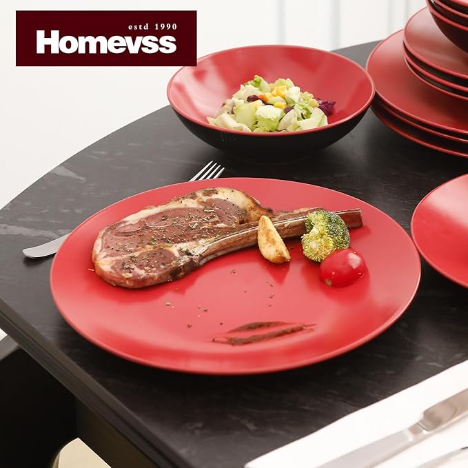 HomeVss Stoneware Two-Tone Colors Life 12pc Dinner SetOutside Shiny Black + Inside Matte Glaze Red