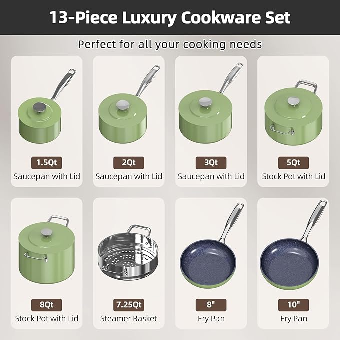 Nuwave Lux 13pc Forged Lightweight Cookware Set PFAS Free Healthy G10 Duralon Ceramic Coating Ultra Non-Stick Stay-Cool Handles Works on All Cooktops &amp Induction Ready