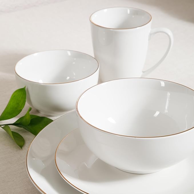 Gibson Home Ogalla 30 Piece Plates Bowls &amp Mugs Dinnerware Set - Service for 6 - White Porcelain W/Gold Band