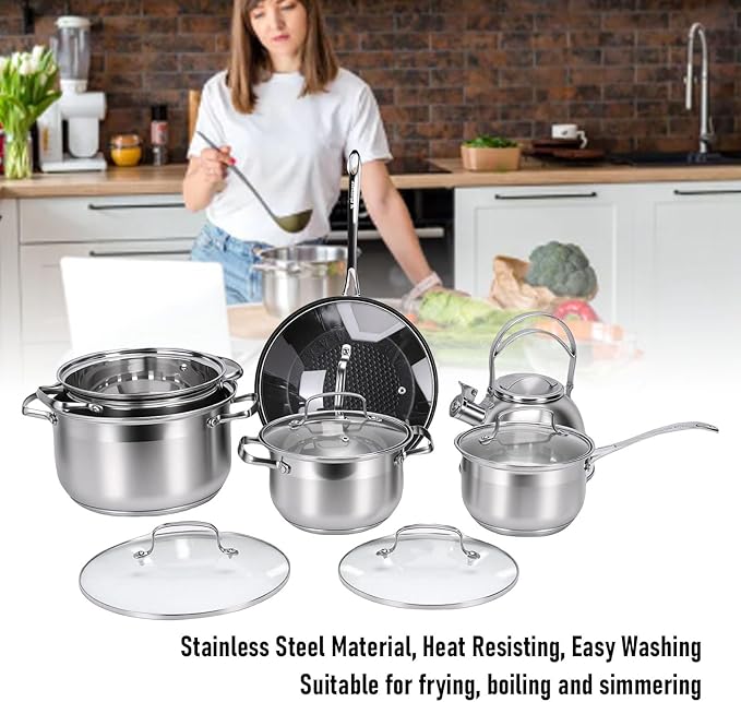 Stainless Steel Cookware Set 10 Piece Pots and Pans Kitchen Set with Saucepan Frying Pan Kettle for Stovetop Oven Safe Cooking