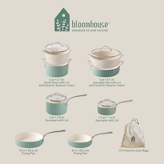 Bloomhouse 12 Piece Aluminum Pots and Pans Cookware Set w/Non-toxic Ceramic Non-stick Ceramic Steamer Insert &amp 12 Protective Care Bags - Sage Green