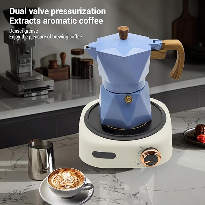 Yosoo Food Safe Anodized Aluminum Italian Coffee Maker with Dual Valve Design 2 Cup Stovetop Coffee Maker Pot for Cuban Cafe Brewing Home Camping (Blue)