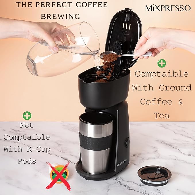 Mixpresso Personal Single Serve Coffee Maker &amp 14oz Travel Mug Drip Small Coffee Maker &amp Tumbler Auto Shut Off &amp Reusable Filter Compatible with Coffee Grounds