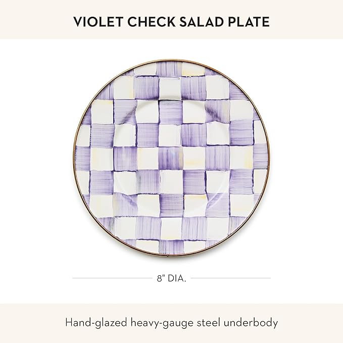 MACKENZIE-CHILDS Enamel Salad and Dessert Plate Small Plate for a Dessert or Appetizer Dish 8 Inches Purple-and-White Violet Check