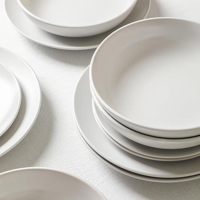Earth &amp Clay Mia 12-Piece Stoneware Dinnerware Set Plates and Bowls Set Dishwasher and Microwave Safe Dish Set for 4 White