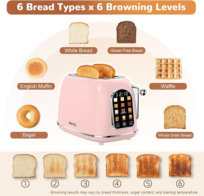 Mecity Toaster 2 Slice Touch Screen Wide Slot Retro Toaster For Breads Bagel Muffin Waffle House Warming Gift New Home 120V 825W Pink Color