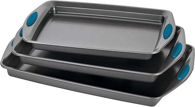 Rachael Ray Cucina Hard Anodized Nonstick Cookware Pots and Pans Set 12 Piece Gray with Blue Handles &amp Ray Bakeware Nonstick Cookie Pan Set 3-Piece Gray with Marine Blue Grips