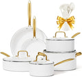 Ceramic Cookware Set VONIKI 16 Pcs Pots and Pans Set Non Stick Kitchen Cookware Sets with Cooking Utensils Set Non Toxic Cookware Set White Gold Pan Set for Cooking Pot Oven &amp Dishwasher Safe