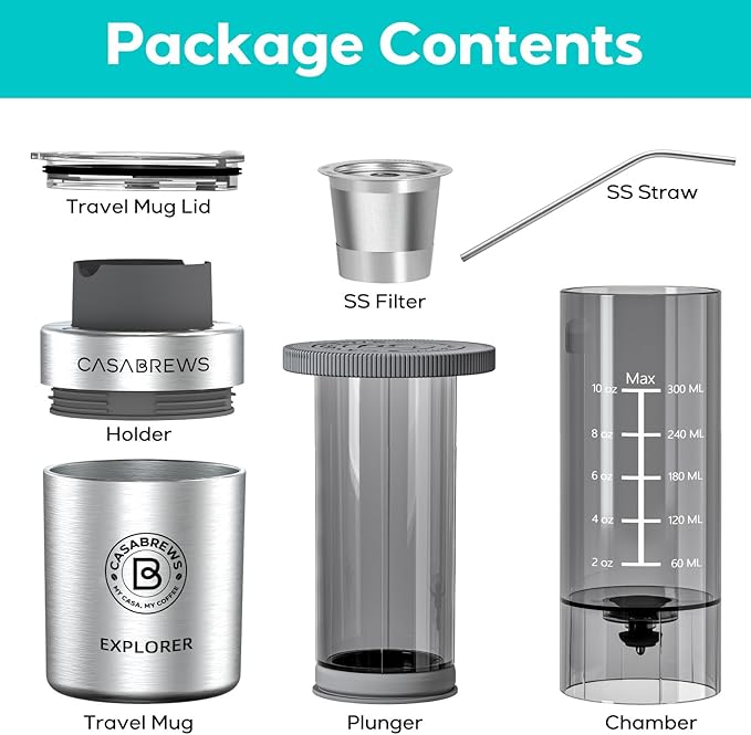 CASABREWS KP3000 Portable Coffee Maker 2 in 1 Small Travel Coffee Machine for K Cup Pod or Ground Coffee Quick Coffee Press Kit with Stainless Steel Cup Cup Lid Straw and Storage Bag