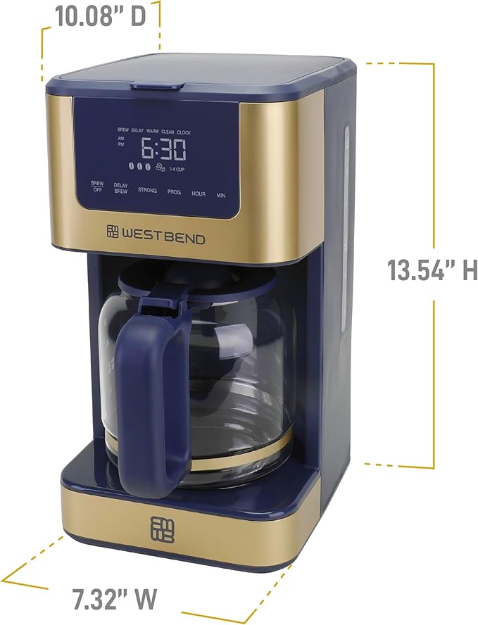 West Bend Timeless 12-Cup Programmable Coffee Maker with Brew Strength Selector for Hot and Iced Coffee Includes 1-4 Cup Brew Option and Permanent Filter