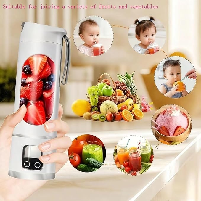 Portable Juice Blender - Three-Speed USB Charging 12-Blade Ice Crusher and Digital Display - Compact and portable with a 450ml capacity for making juice at home and on the go(White)