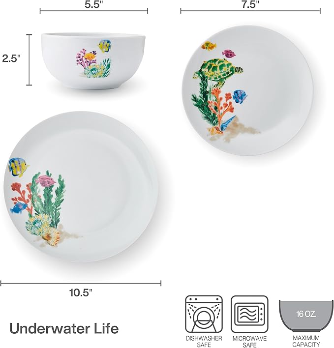 Studio Nova Coastal Ocean Underwater Life 12 Piece Dinnerware Plate Bowl Set Service for 4