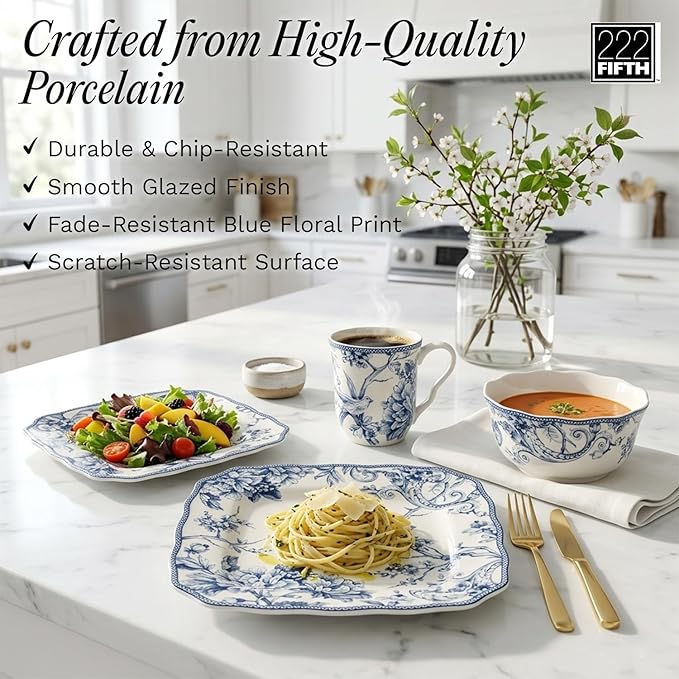 222 Fifth Adelaide 16-Piece Floral Porcelain Dinnerware Set | Microwave and Dishwasher Safe Dining Set for 4 | Stackable and Chip-Resistant Plates Bowls and Cups | Gift for Housewarming and Wedding