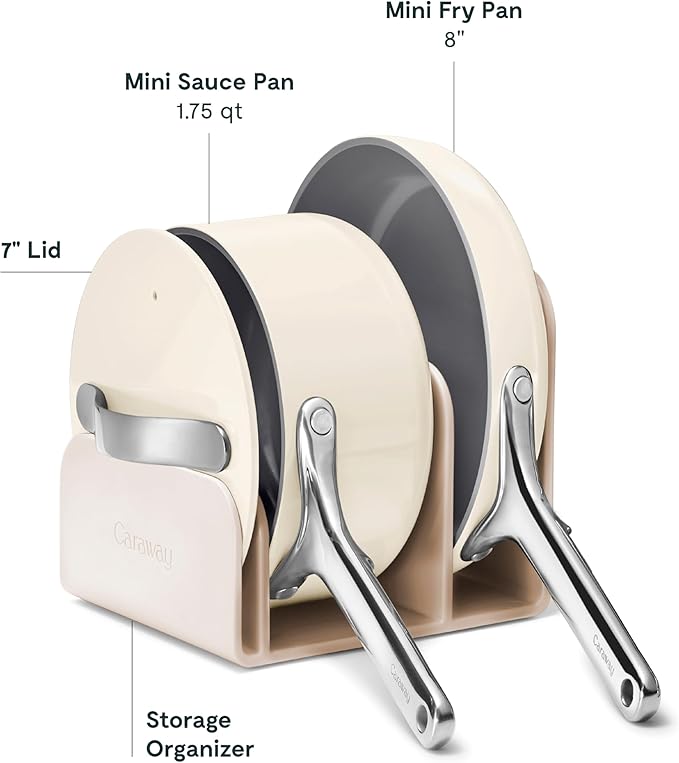 Caraway Mini Cookware Set - Non-Stick Ceramic Fry Pan (1.05 qt 8) Sauce Pan (1.75 qt) &amp Storage Rack - Non Toxic PTFE &amp PFOA Free - Oven Safe &amp Stovetop Agnostic (Gas Electric &amp In
