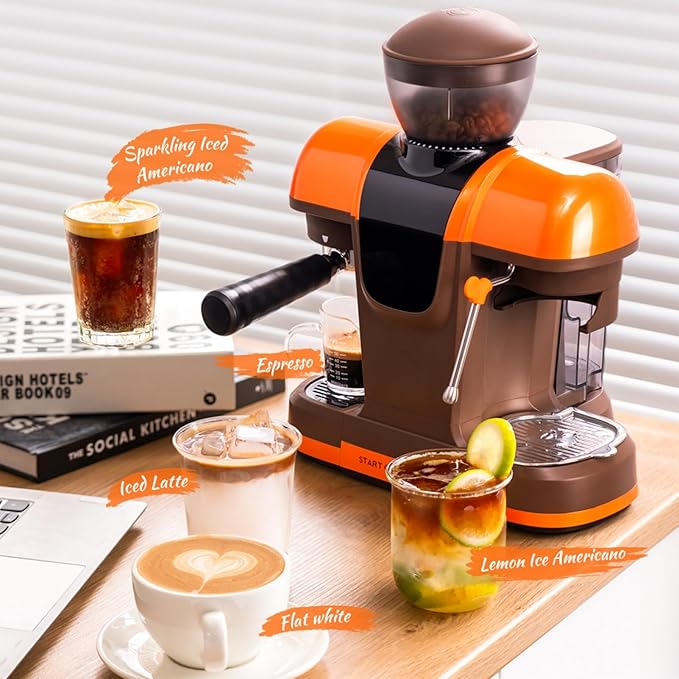 20 Bar Espresso Machine with Grinder &amp Steam Wand - Semi Automatic Coffee Maker NTC Intelligent Temp Control 58mm Stainless Steel Portafilter One-Touch Panel for Home Barista (Removable Water T