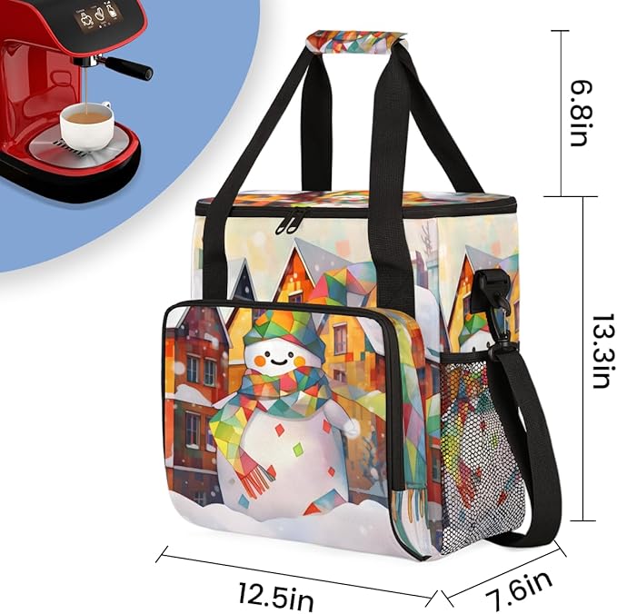 Watercolor Snowman Coffee Maker Carrying Bag Christmas Snowman Travel Storage Bag Compatible with K-Mini or K-Mini Plus Single Serve Coffee Brewer Carrying Case with Pockets &amp Shoulder Strap