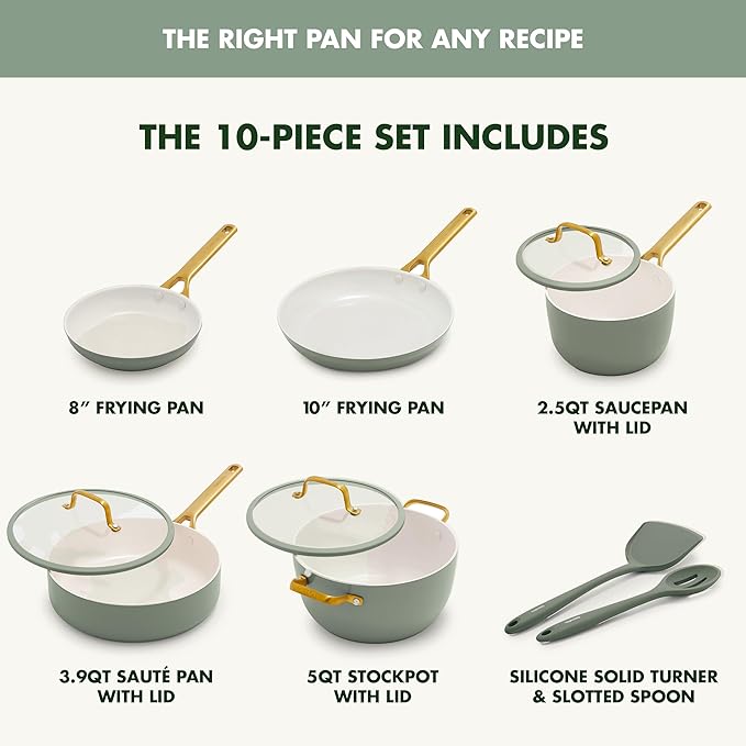 GreenPan Nonstick Reserve Pro 10 Piece Cookware Set NSF Certified Ceramic Hard Anodized PFAS-Free Pots &amp Pans Set with Lids Stainless Steel Handles Oven &amp Dishwasher Safe Moss Green