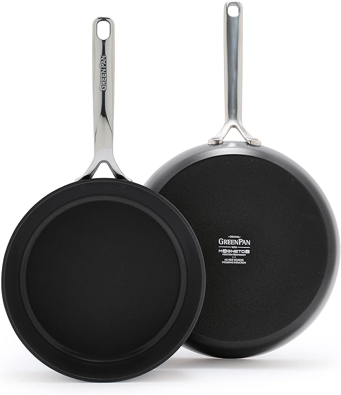 GreenPan 9.5” &amp 11” Ceramic Nonstick Frying Pan Skillet Set PFAS-Free Hard Anodized Cookware Induction Compatible &amp All Cooktops Dishwasher &amp Oven Safe GP5 Stay-Flat Surface Black