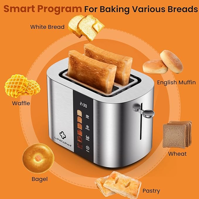 LINKChef 2 Slice Toaster Extra-Wide 1.5 Slots Touch Screen Control | Stainless Steel Bagel/Defrost/Reheat Functions