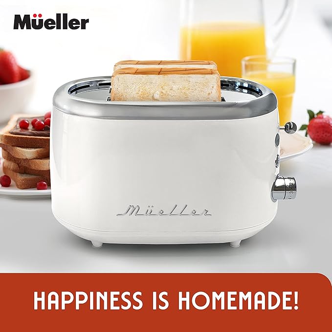 MUELLER HOME Retro Toaster 2 Slice 7 Browning Levels 3 Functions (Reheat Defrost Cancel) Stainless Steel Features Removable Crumb Tray Under Base Cord Storage White Toaster Kitchen Appliances
