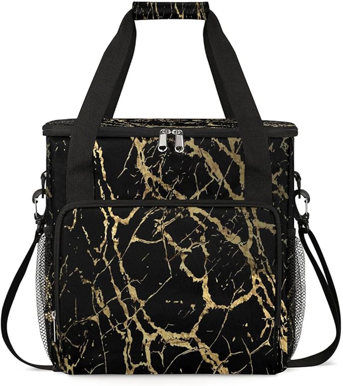 Black Marble Gold Texture Coffee Maker Carrying Bag Compatible with K-Mini or K-Mini Plus Portable Single Cup Coffee Maker Case with Pockets for K Cup Pods