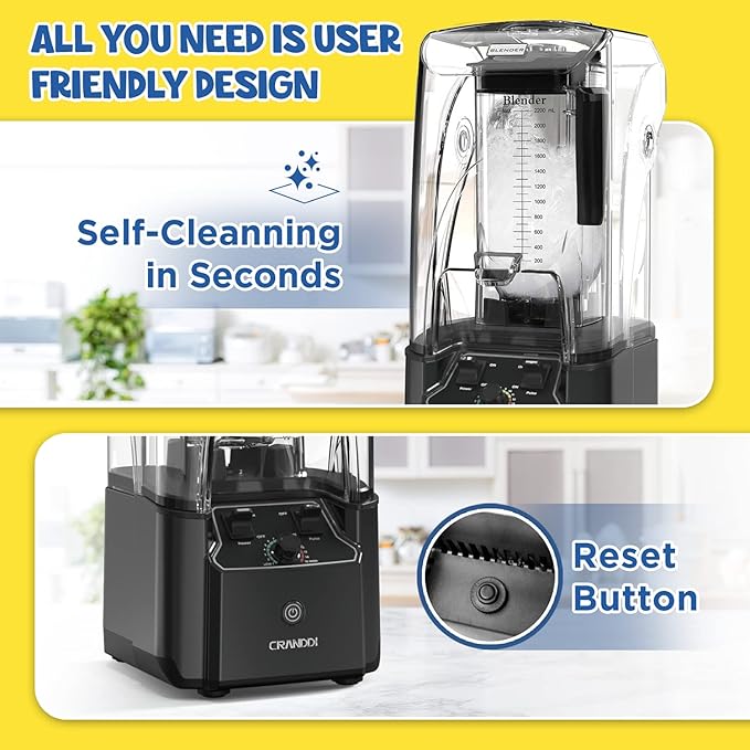 CRANDDI Quiet Commercial Blender with Soundproof Shield 2200 Watt Professional Blenders for Kitchen with 80oz Pitcher and Self-Cleaning High-Speed Blenders K90 Grey