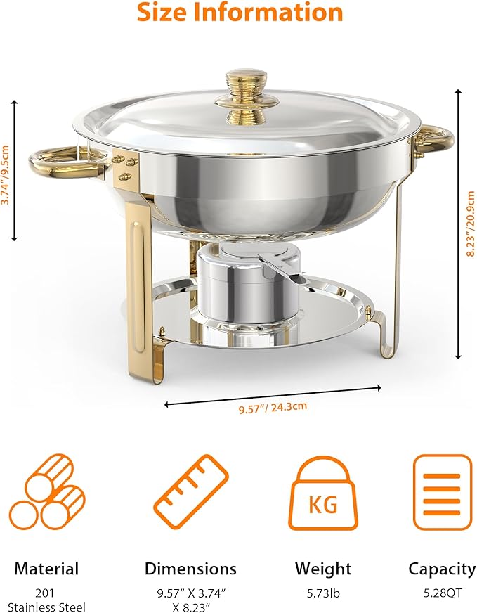 Commercial 5QT Round Chafing Dish Buffet Set – 2-Pack Stainless Steel Food Warmers with Glass Lid Holder Spoon &amp Tweezer – Gold Perfect for Catering Banquets Weddings – 2-piece Set