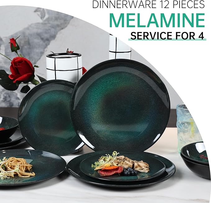 Melamine Dinnerware Set 12pcs Plates and Bowls Set Green Dinner Dishes Set for Indoor and Outdoor BPA-Free Dishwasher Safe（Green）