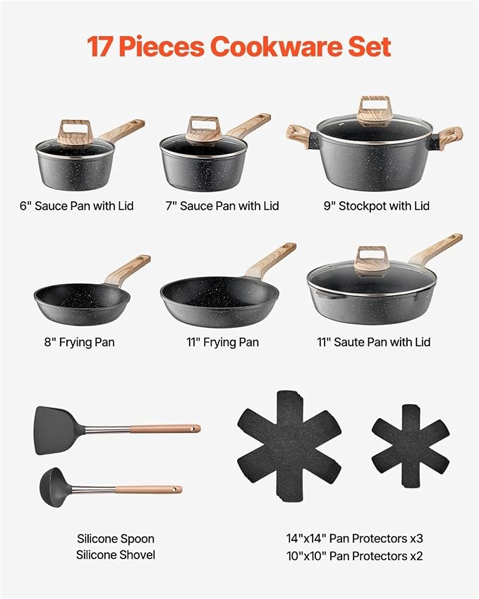 17 Piece Pots and Pans Set Granite Nonstick Cookware Induction Compatible - Black