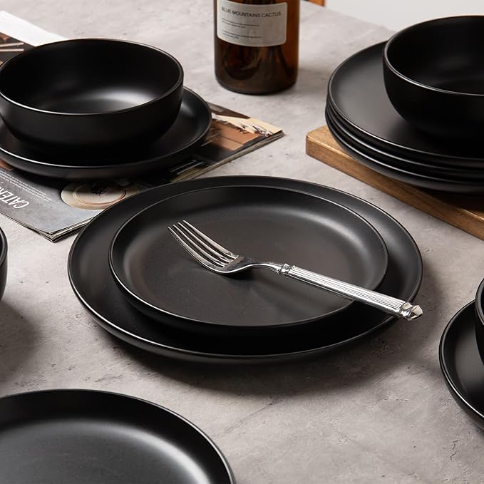 12-Piece Stoneware Dinnerware Set with Mugs | Microwave and Dishwasher Friendly | Stackable Matte Glaze Plates &amp Bowls | Service for 3 (Black for 4)