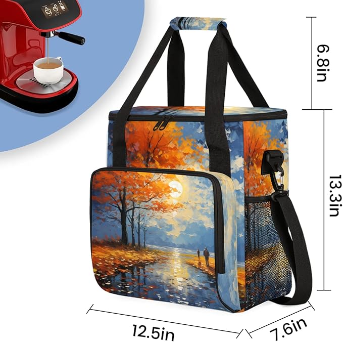 Oil Painting Trees Coffee Maker Travel Bag for Keurig K-Mini/K-Mini Plus Insulated Waterproof Tote with Pockets for K-Cup Portable Single-Serve Brewer Case