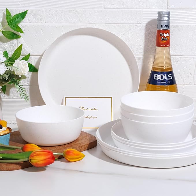 EI 12pcs White Wheat Straw PlatesWheat Straw Dinnerware SetPlates and Bowls SetsUnbreakable Plastic PlatePlastic Plates ReusableDinner Plates Set of 4Plastic Dishes Set