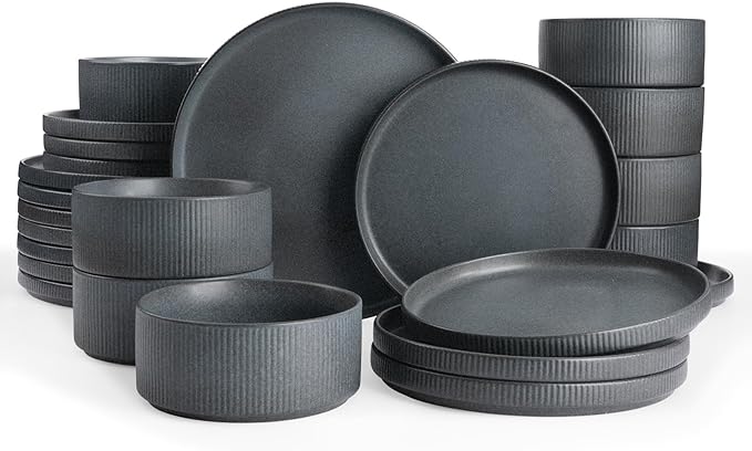 Famiware Star Plates and Bowls Sets Modern Stoneware Dinnerware Sets for 8 24-Piece Kitchen Dish Set - Microwave and Dishwasher Safe Chip and Scratch Resistant Matte Dark Charcoal