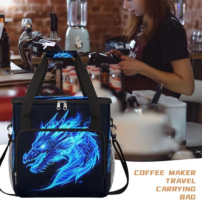 Blue Ice Dragon Coffee Maker Carring Bag Travel Carrying Storage Tote Bag Compatible with Keurig K-Mini or K-Mini Plus Portable Single Serve Coffee Brewer Case with Pockets for K-cup Pods