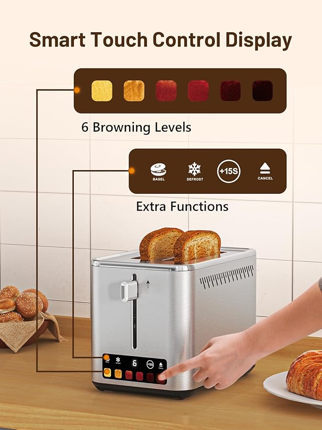 KEENSTAR Touch Screen 2-Slice Toaster with 6 Browning Levels Bagel Defrost &amp Timer Wide 1.5 Slots Removable Crumb Tray 900W Stainless Steel Smart Toaster for Bagels Breads &amp Waffles