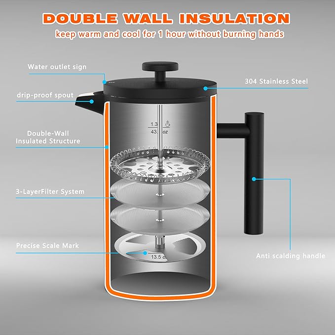 French Press Coffee Maker34OZ Double Wall Vacuum Insulated 304 Stainless Steel (34oz Silver)