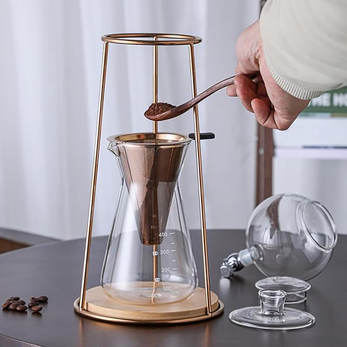 Portable Cold Drip Coffee Maker Drip Tower Coffee Maker 400ml Glass Coffee Pot with Stainless Steel Regulating Valve V-Shaped Spout for Home Office